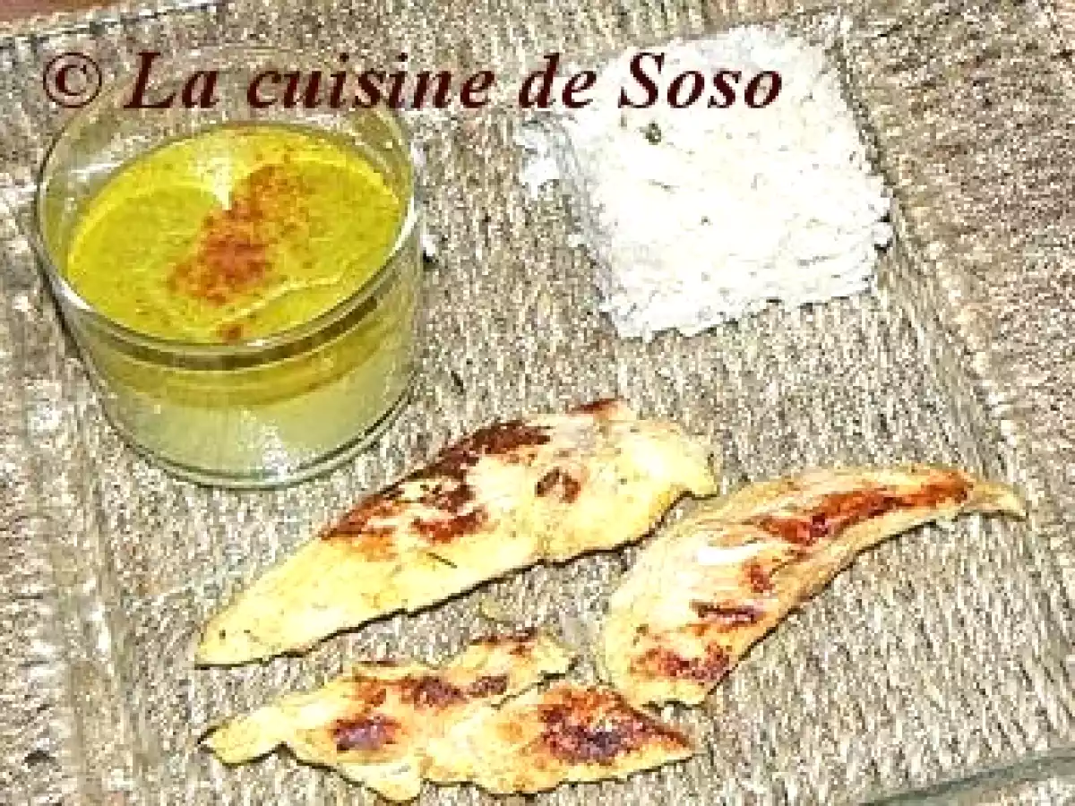 Crème brûlée aux petits pois et curry, aiguillettes de poulet tandoori..