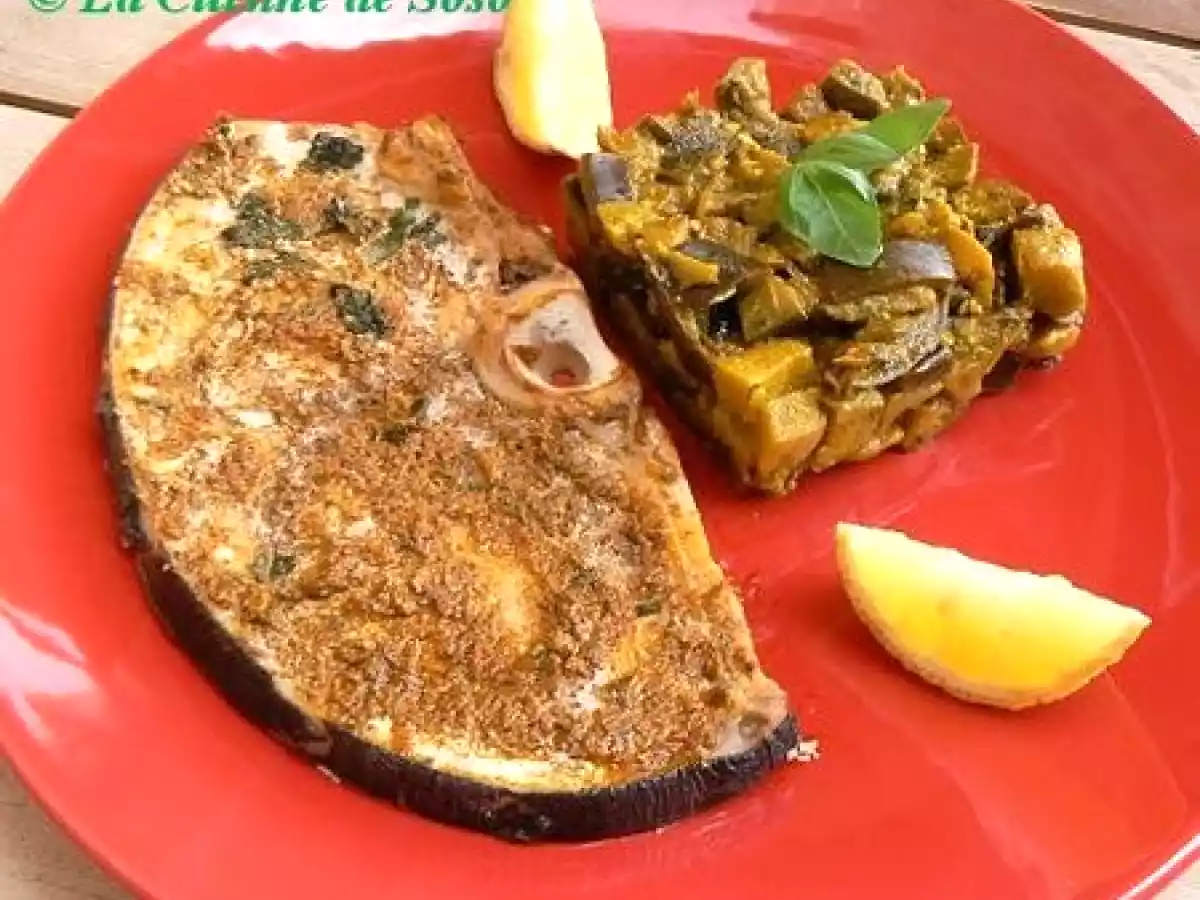 Espadon au pesto rouge, aubergines à la purée d'ail et au basilic .