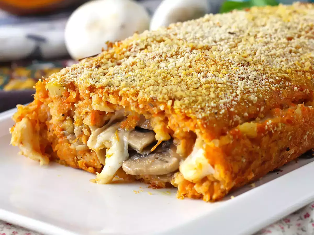 Pain de viande au potiron, champignons et scamorza : moelleux, filant et croustillant