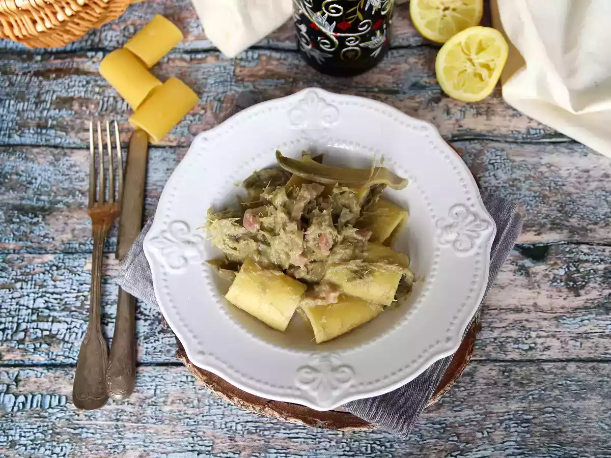 Pâtes paccheri aux artichauts et lardons - photo 3