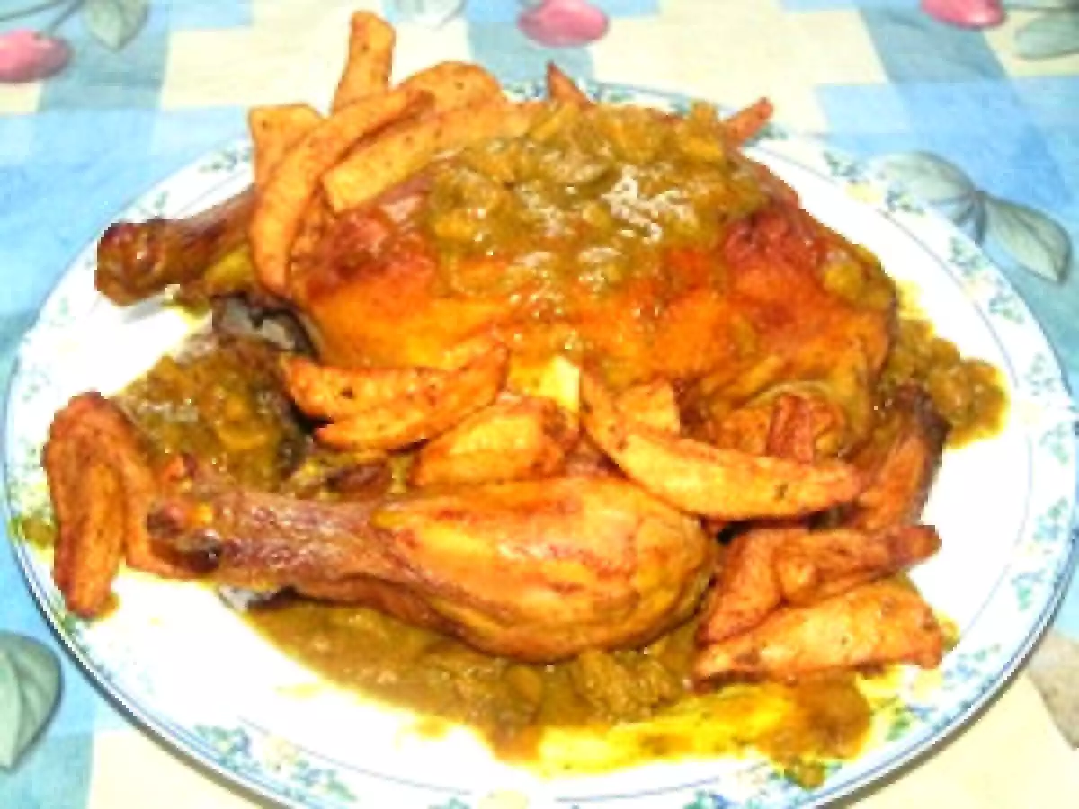 Poulet rôti aux champignons cuisiné à la marocaine + potatoes