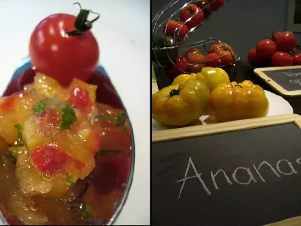 Tartare de tomates ananas, fraises et menthe.