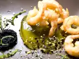 Recette Tempura de crevettes, gelée au thé matcha, algues
