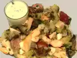Recette Salade impro : saucisses-patates-champignons-miel-noix, etc.
