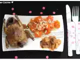 Recette Pigeonneaux rotis, carottes confites et chutney de poires aux raisins