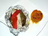 Recette Papillote de poisson, aubergine et poivron accompagné d'un flan de potiron