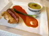 Recette Filets de lotte au jambon iberico, sauce soubressade et flan de pois cassés
