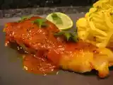 Recette Lieu jaune, sauce moutarde à la mangue épicée, nouilles à la coriandre