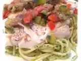 Recette Filets d'aiglefin à la poêlée de légumes, linguines au pesto à la coriandre
