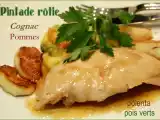 Recette Pintade rôtie au cognac, pommes poêlées et polenta aux pois verts