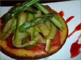 Recette Asperges vertes, rhubarbe aux fraises sur blinis