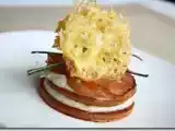 Recette Mille feuilles de tomate et caviar d'aubergine, tuile au parmesan