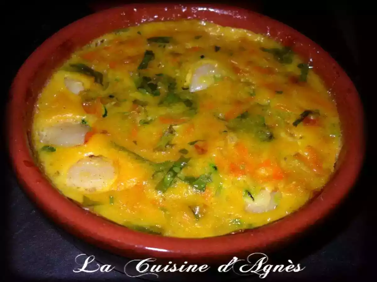 cassolettes de crevettes et noix de pétoncles aux légumes et au curcuma