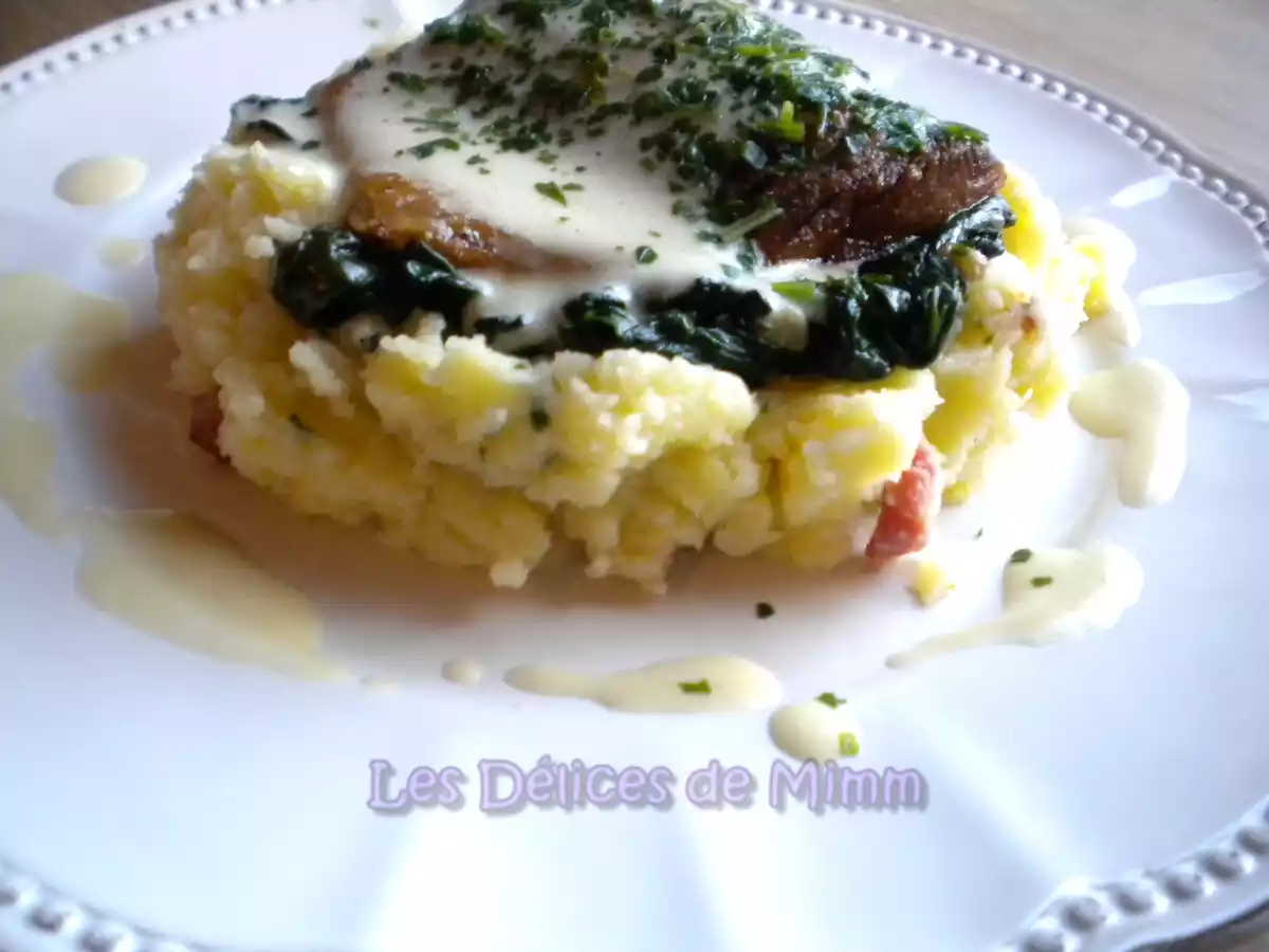 Filet de saumon, purée aux lardons, épinards et sauce sabayon - photo 3