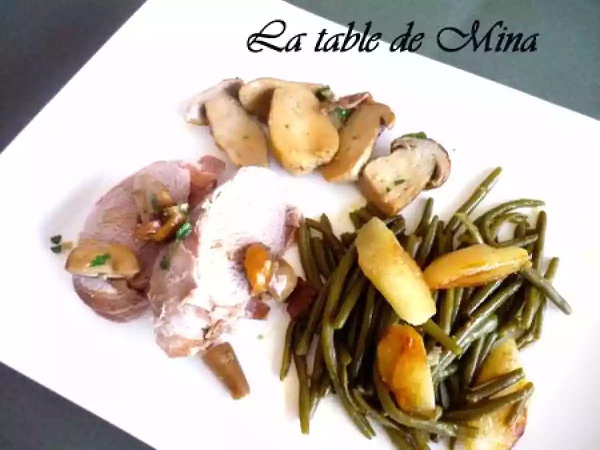 Filet mignon aux cépes, haricots verts et poires caramélisées, au four vapeur