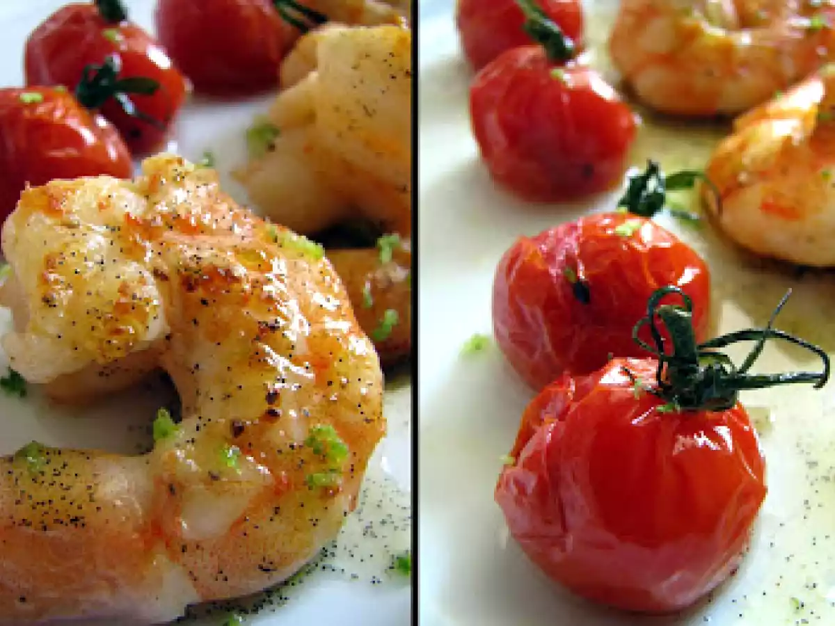 Gambas rôties, tomates confites, huile d'olive à la vanille et au citron vert - photo 2