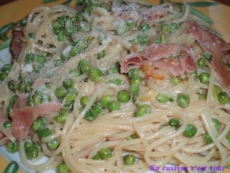 Recette pour Spaghettis au poisson pané, sauce aux petits pois