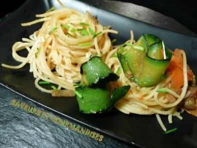 Spaghettis aux tagliatelles de légumes épicés. - Recette Ptitchef